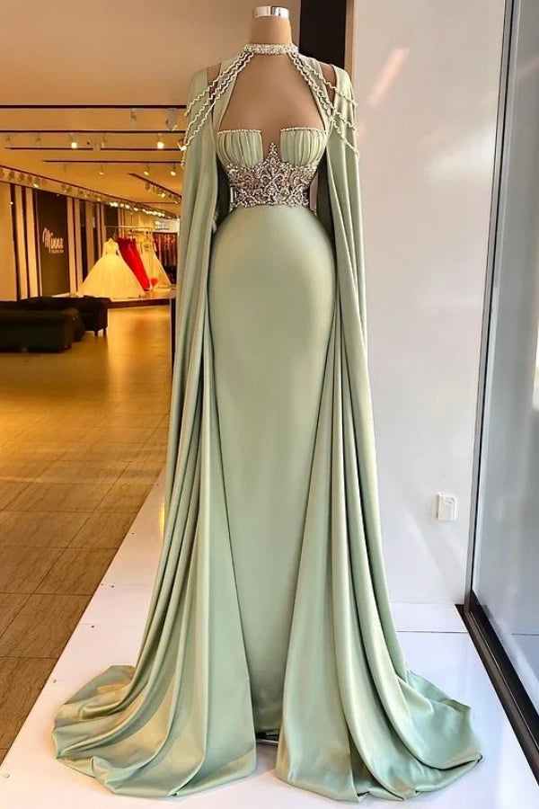 Elegant Halter Green Beaded A-Line Mermaid Prom Dress