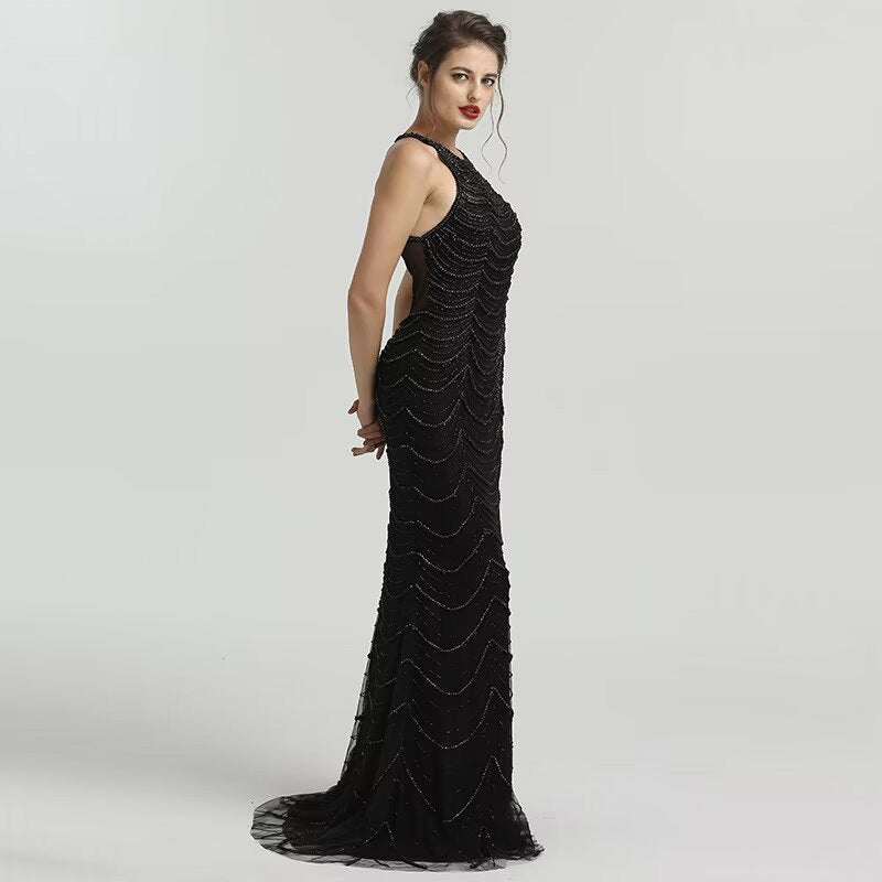 
                      
                        Black Sequin Tulle Mermaid Prom Dress with Sleeveless Design
                      
                    