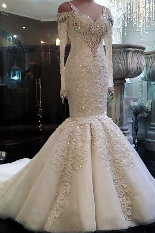 V-Neck Long Sleeve Beaded Mermaid Wedding Dress with Lace Appliques 