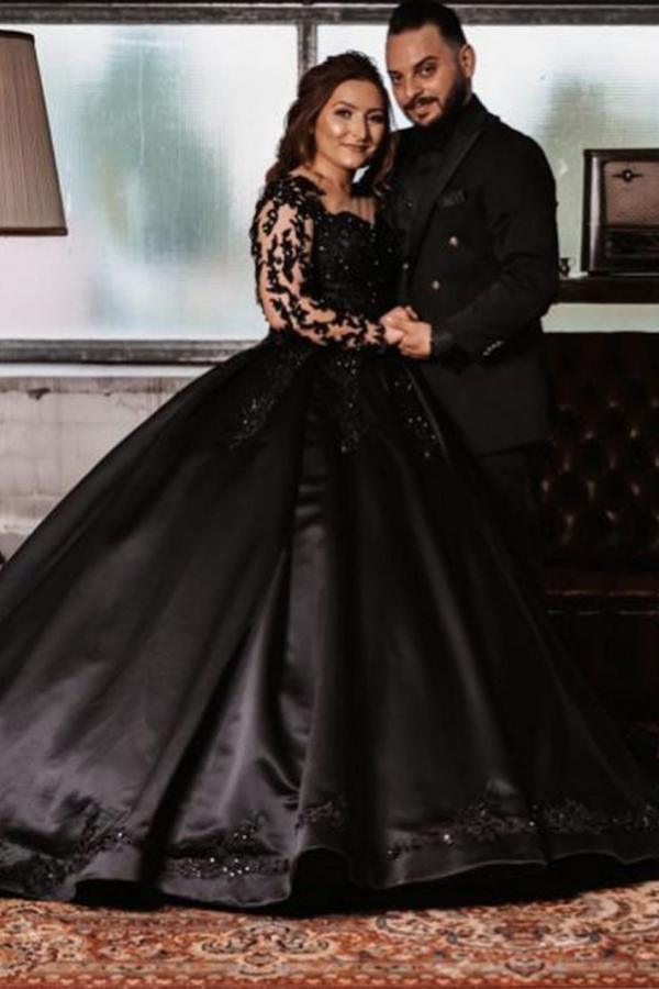 Black Long Ball Gown Wedding Dress With Sleeves