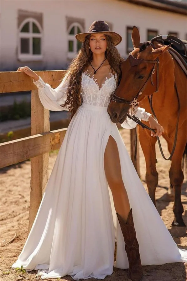 
                      
                        White Long Sleeve Wedding Dress with Lace and Split
                      
                    