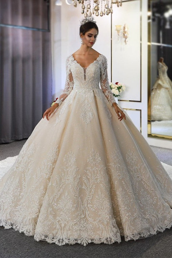 Classy Train A-Line Sweetheart Backless Long Sleeve Wedding Dress with Lace Appliques and Sequins