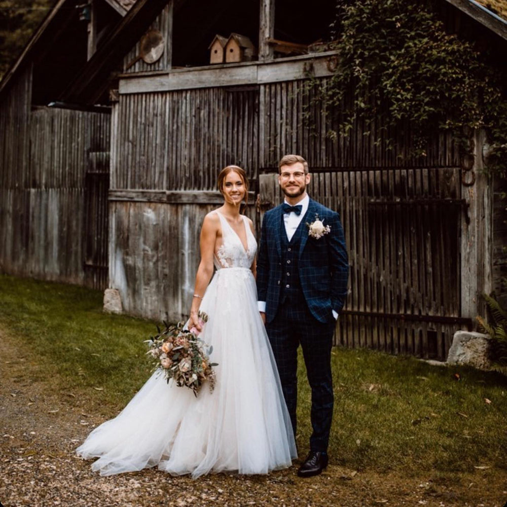 
                      
                        Deep V-Neck Floor-Length Floral A-Line Wedding Dress with Open Back and Tulle
                      
                    