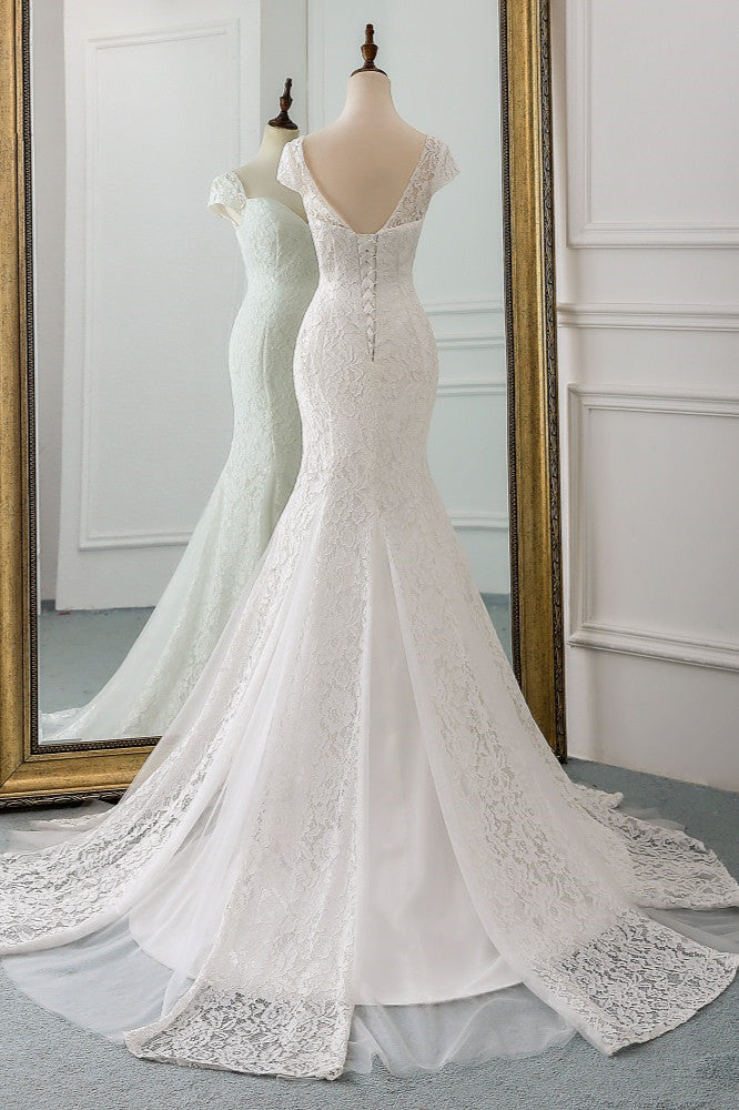 
                      
                        Sweetheart Lace Long Mermaid Wedding Dress with Cap Sleeves
                      
                    