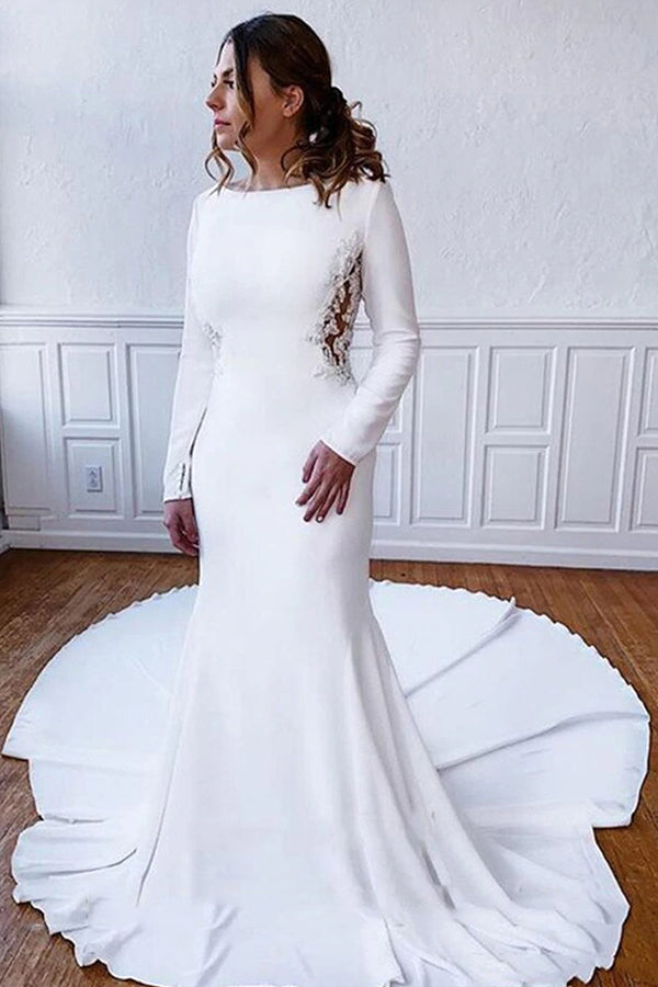 Long Sleeve Illusion Lace Back Sheath Wedding Dress with Appliques