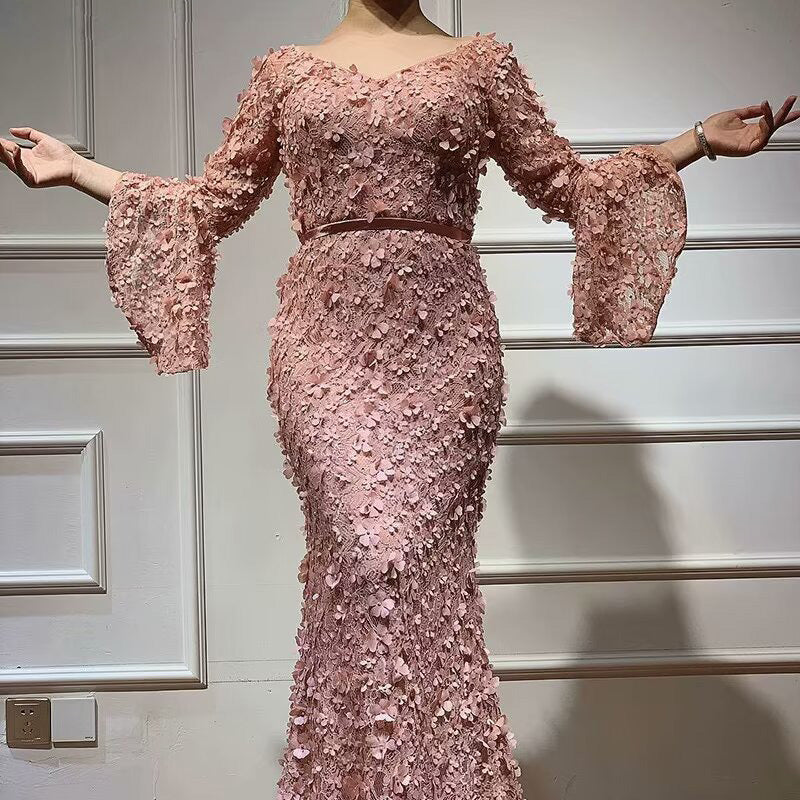 
                      
                        Dusty Rose Prom Dress, V-Neck Long Sleeve Mermaid with Applique
                      
                    