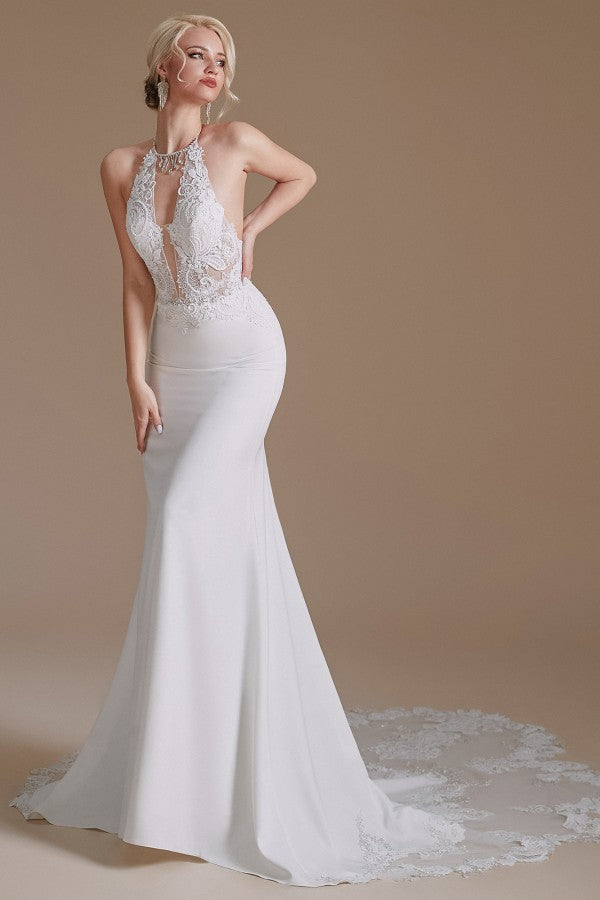 
                      
                        Modest Long Mermaid Halter Backless Satin Wedding Dress with Lace Appliques
                      
                    