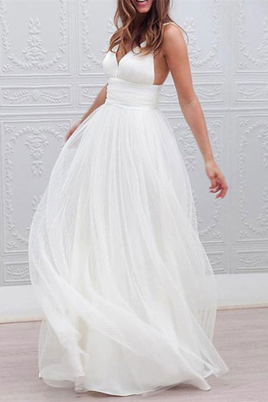 Spaghetti Strap Tulle Beach Wedding Dress