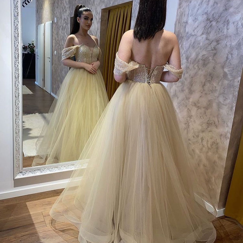 
                      
                        Sweetheart Off-the-Shoulder Beaded A-Line Wedding Dress with Tulle Ruffles
                      
                    