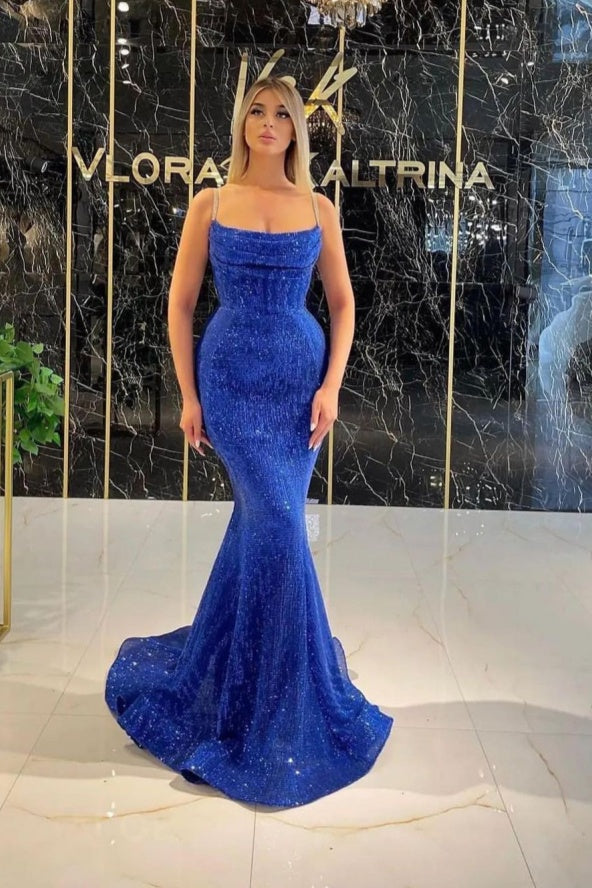 Royal Blue Sleeveless Long Sequined Prom Dress