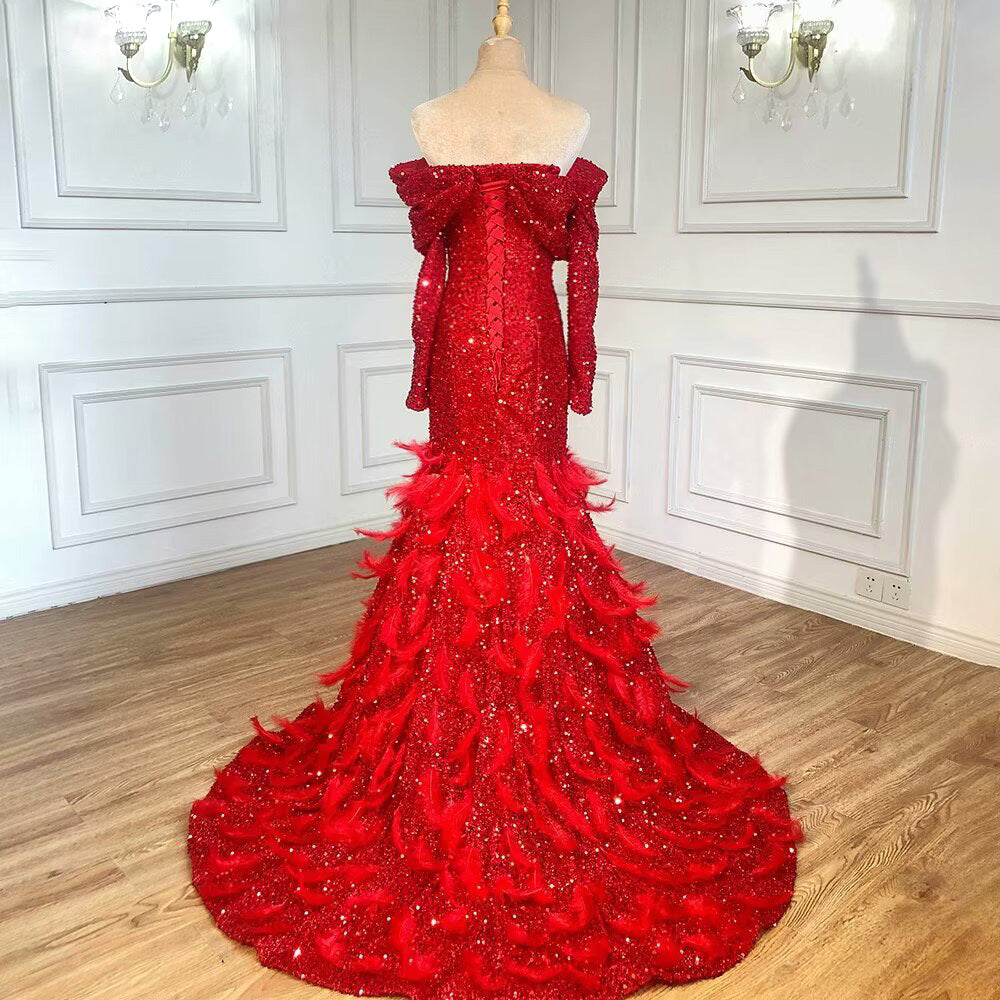 
                      
                        Fashion Red Sequin Prom Dress, Long Sleeves A-Line with Feather
                      
                    