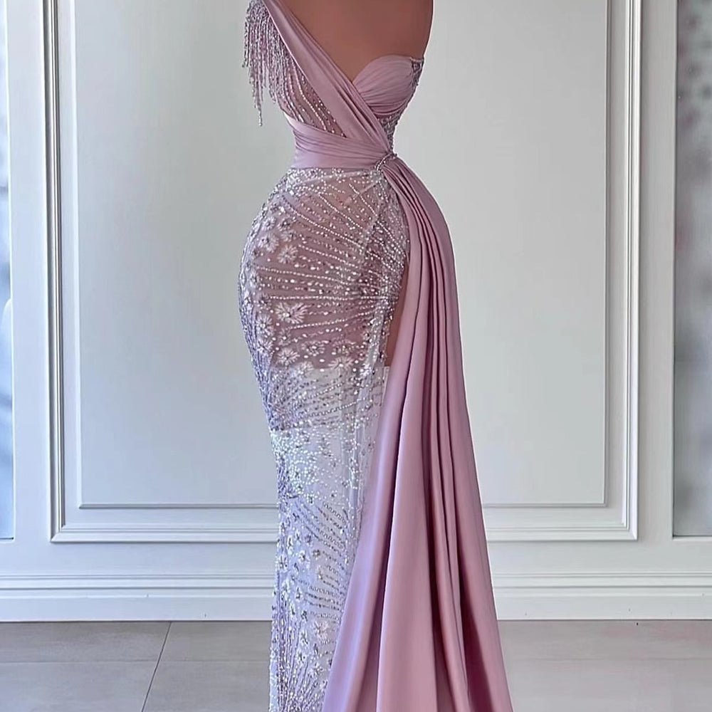 Gorgeous One Shoulder Mermaid Prom Dress with Split Beadings