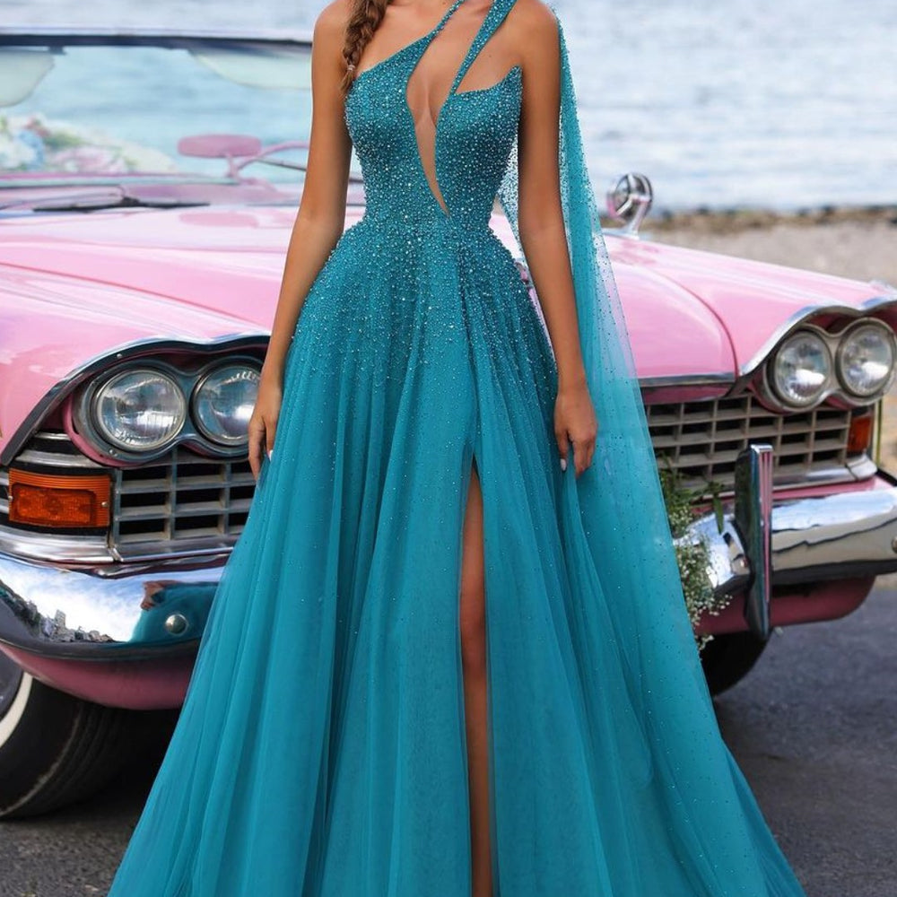 
                      
                        Heavy Tulle Prom Dress Green Sequins with Trail High Slit
                      
                    