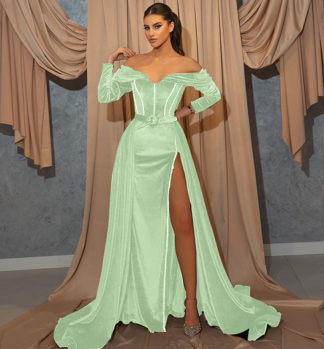 
                      
                        Dark Green Long Sleeve Sweetheart Mermaid Prom Dress with Front Split and Belt
                      
                    