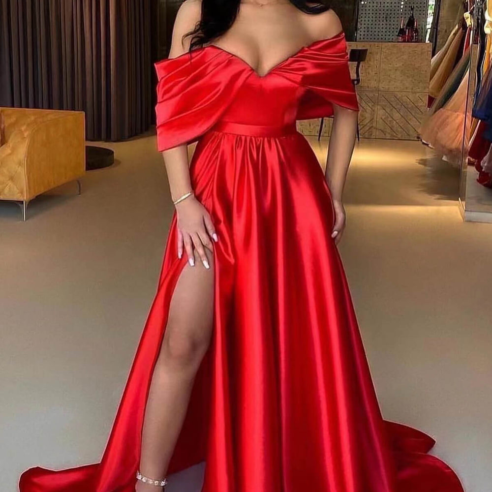 Red Off-The-Shoulder A-Line Prom Dress with Split