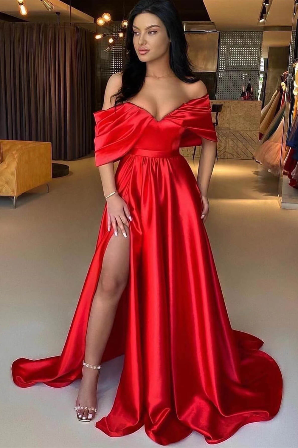 Red Off-The-Shoulder A-Line Prom Dress with Split