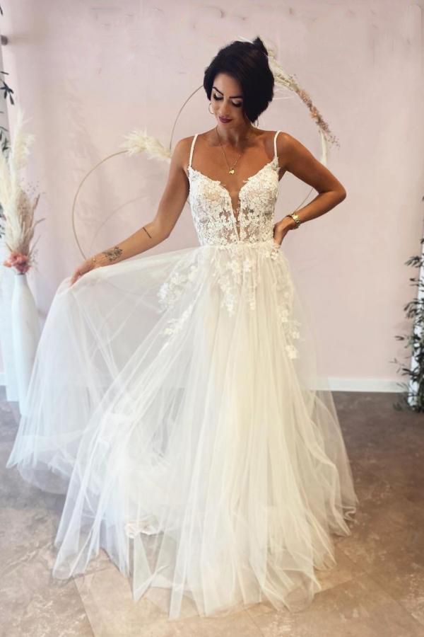 Long A-Line Deep V-Neck Spaghetti Strap Backless Wedding Dress with Lace Tulle