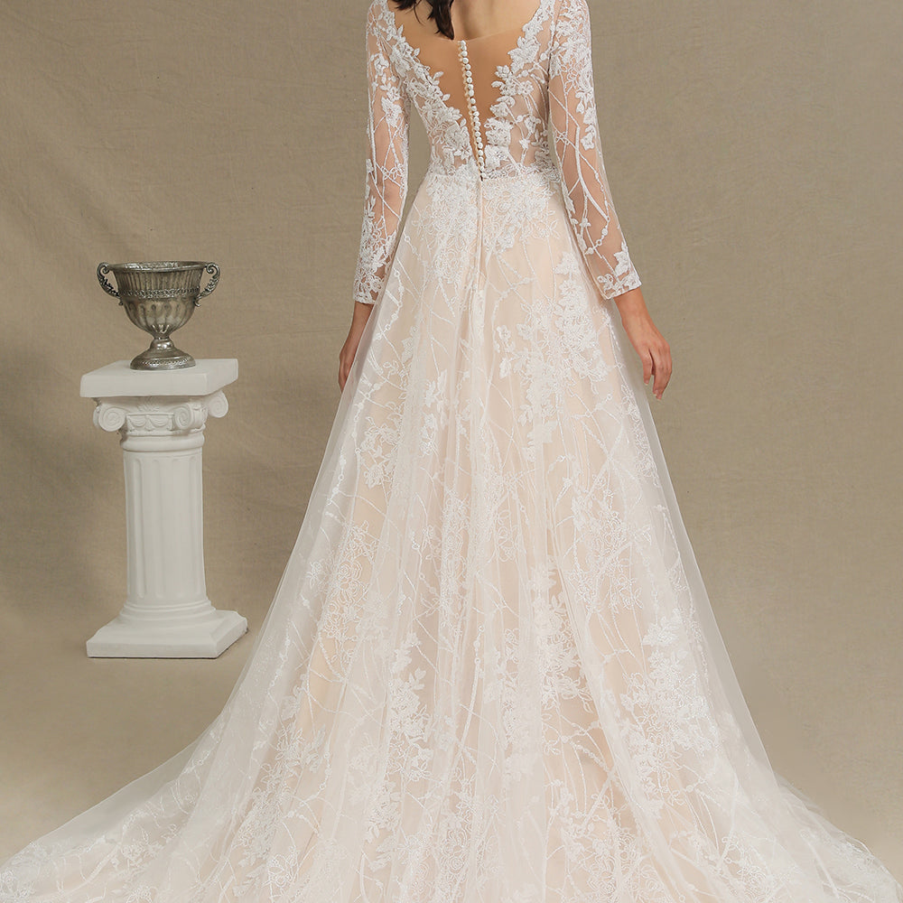 
                      
                        Sheer Long Sleeve A-Line Illusion Tulle Wedding Dress with Lace
                      
                    