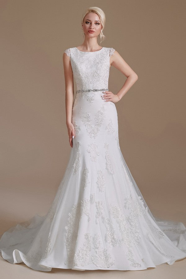 Mermaid Jewel Neck Long Wedding Dress with Tulle Lace