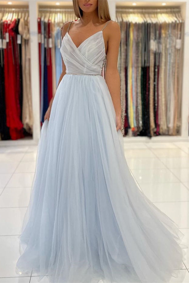 Light Sky Blue Spaghetti-Straps Tulle Long Prom Dress with Beads