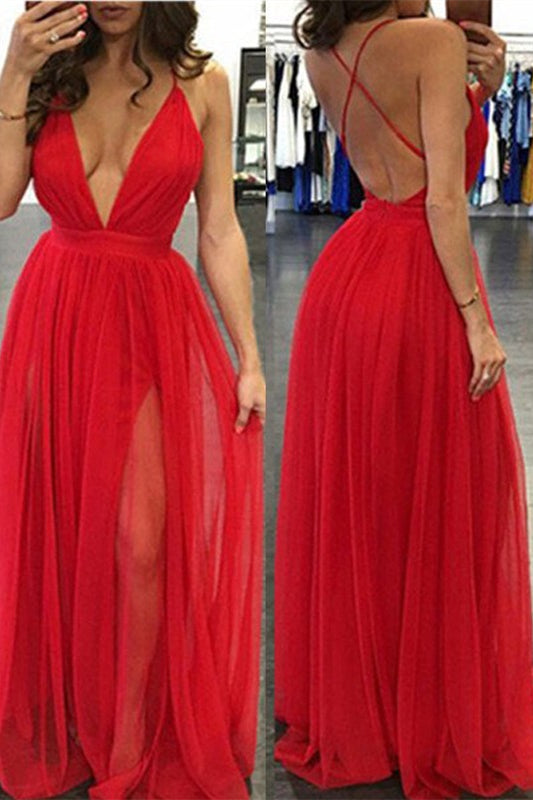 
                      
                        Red Deep V-Neck Long Prom Dress with Slit
                      
                    