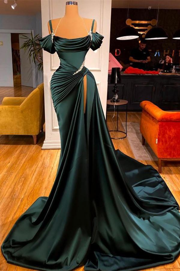 Green Off-the-Shoulder Prom Dress with Long Slit and Pleated Detail