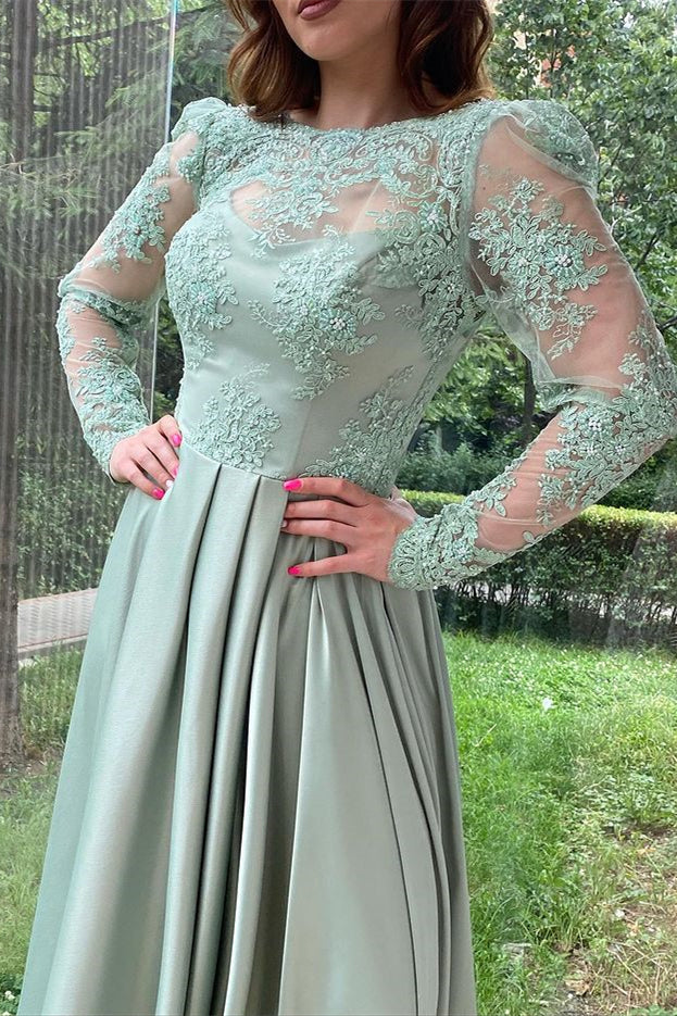 
                      
                        Dusty Sage Long Sleeve Evening Dress with Split and Lace
                      
                    