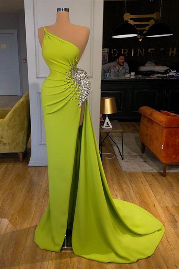 Green One-Shoulder Sleeveless Beaded Mermaid Prom Dress with Split