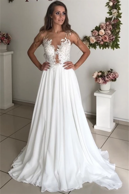 Elegant Sleeveless Long Chiffon Beach Wedding Dress with Appliques