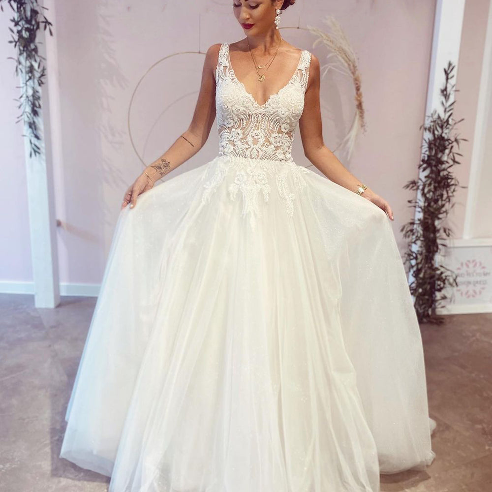 Elegant A-Line Deep V-Neck Backless Wedding Dress with Lace Appliques