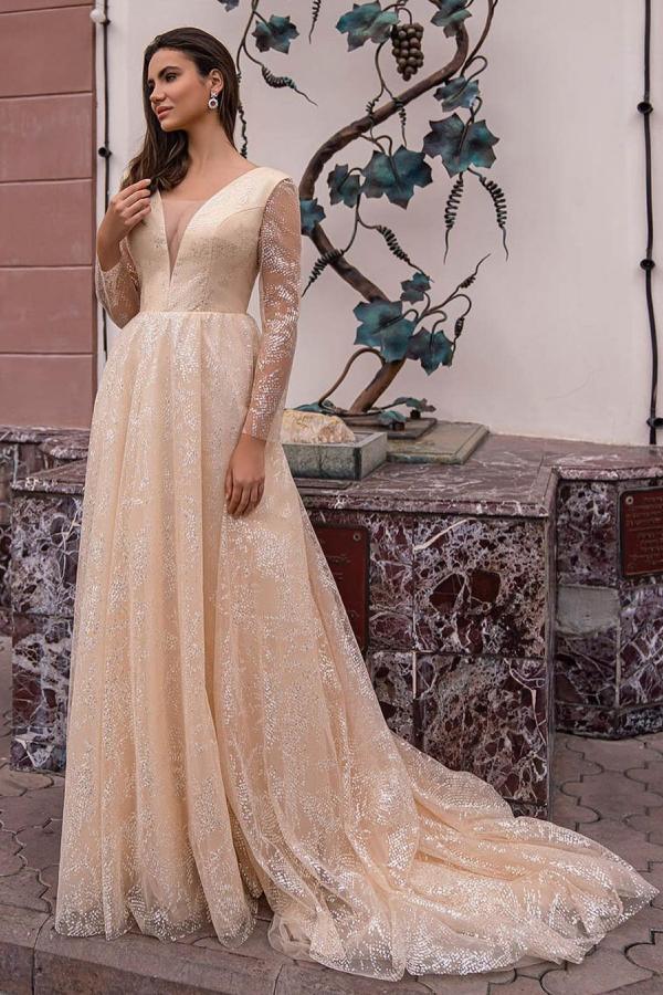 Glitter Long A-Line V-Neck Wedding Dress with Sleeves