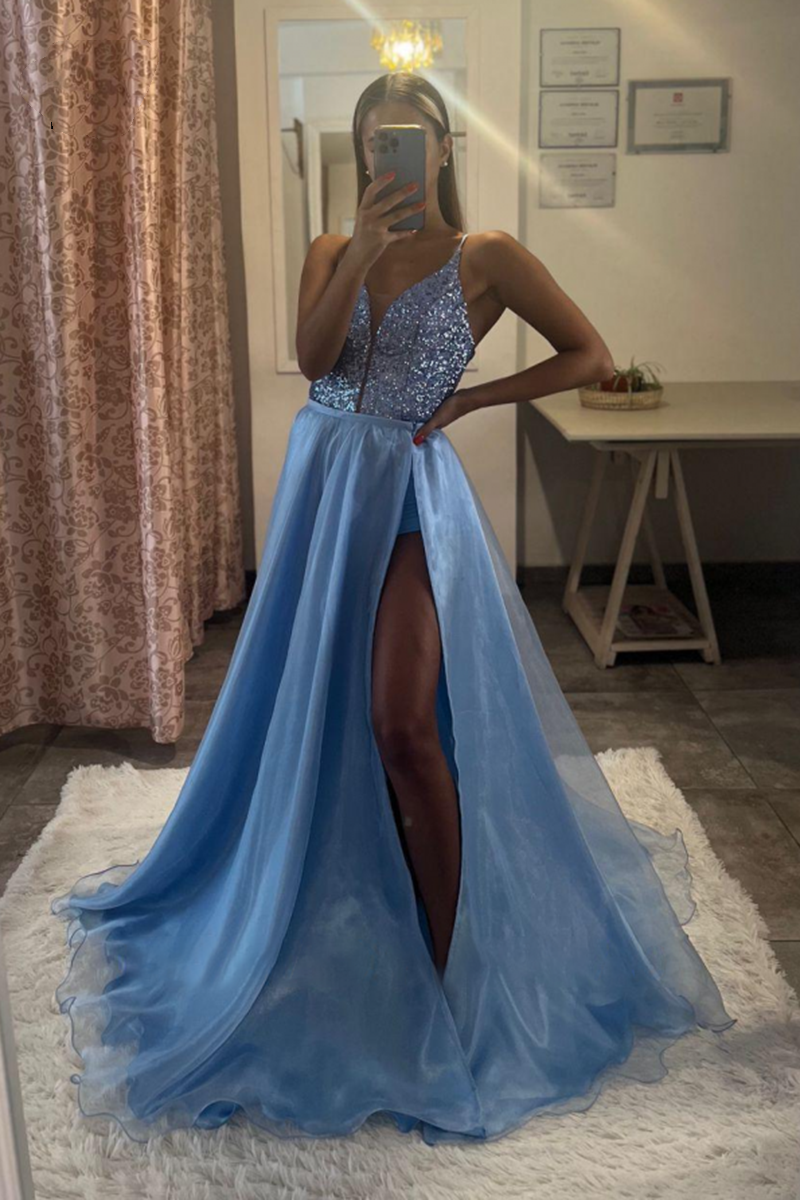 Blue Lace-Up V-Neck Spaghetti Strap Long Prom Dress with Slit