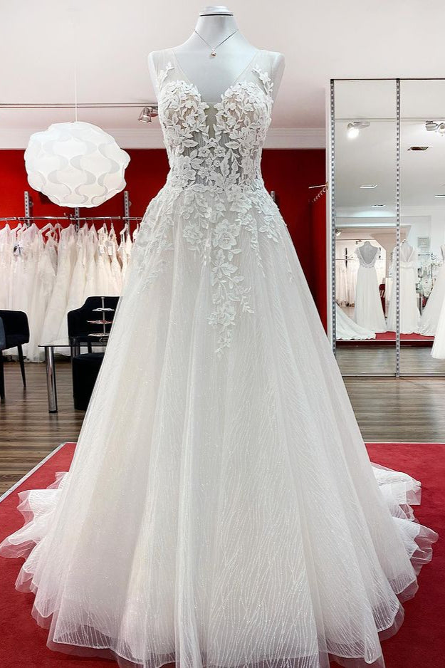 Sleeveless Jewel Neck Long A-Line Tulle Wedding Dress with Ruffles and Lace Appliques