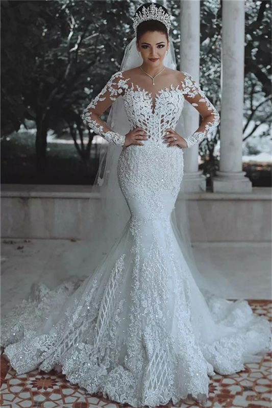 Gorgeous Long Sleeve Mermaid Wedding Dress with Lace Appliques