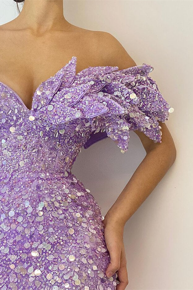 
                      
                        Beautiful Lilac Off-The-Shoulder Mermaid Prom Dress with Sequins and Split
                      
                    