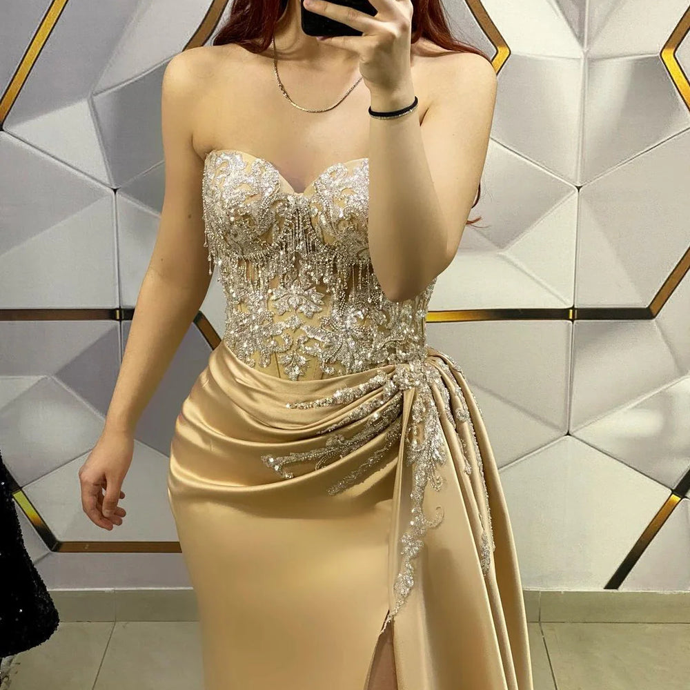 
                      
                        Gold Sleeveless Prom Dress with V-Neck, Sequin Appliques
                      
                    