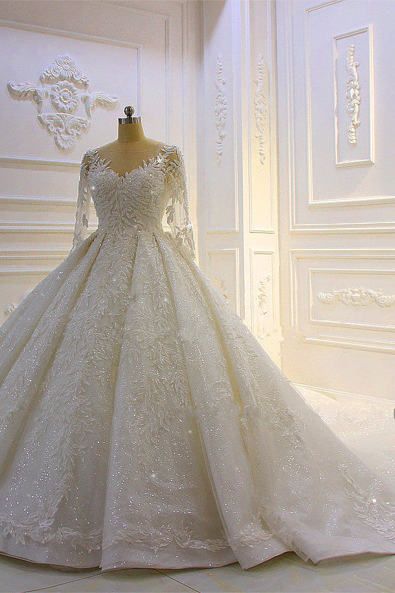 
                      
                        Long Sleeve Ball Gown Beaded Church Train Wedding Dress with Lace Appliques
                      
                    