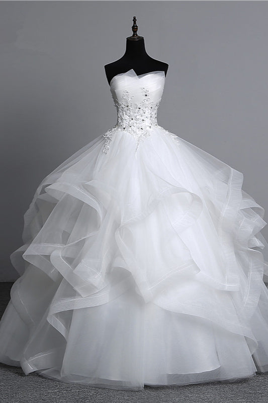 Long Ball Gown Strapless Tulle Layered Wedding Dress with Beaded Appliques