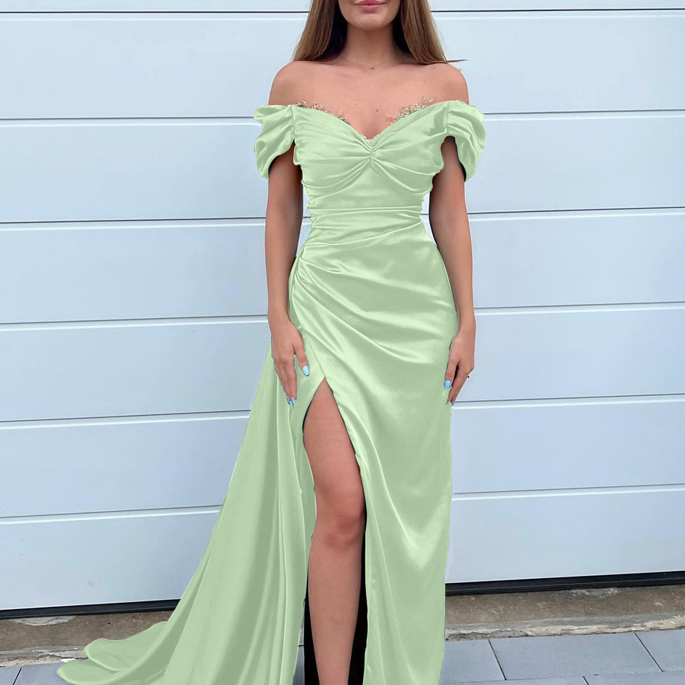 
                      
                        Dark Green Sweetheart Mermaid Prom Dress with Front Split and Off-The-Shoulder Beadings
                      
                    