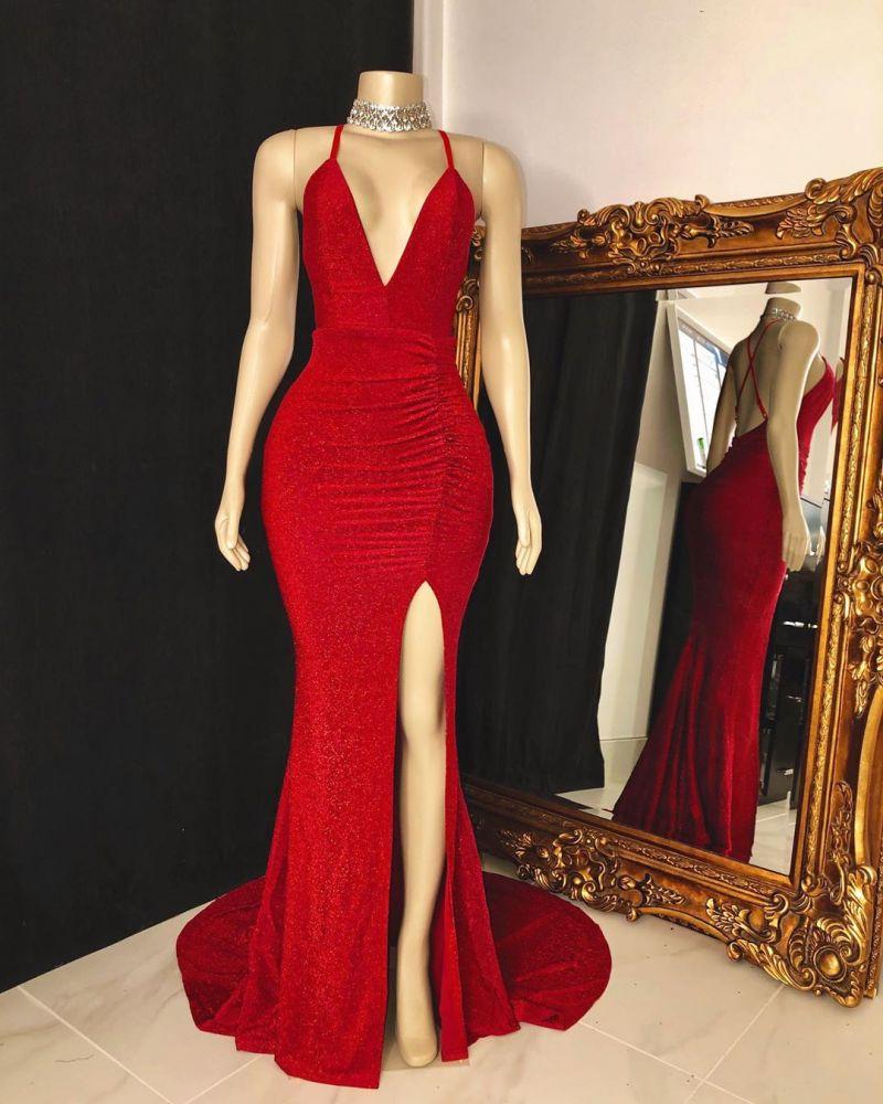 
                      
                        Red Halter Sleeveless Prom Dress with Split
                      
                    