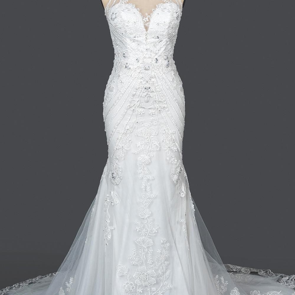 
                      
                        Mermaid Scoop Neck Jewel Wedding Dress with Beadings and Appliques
                      
                    