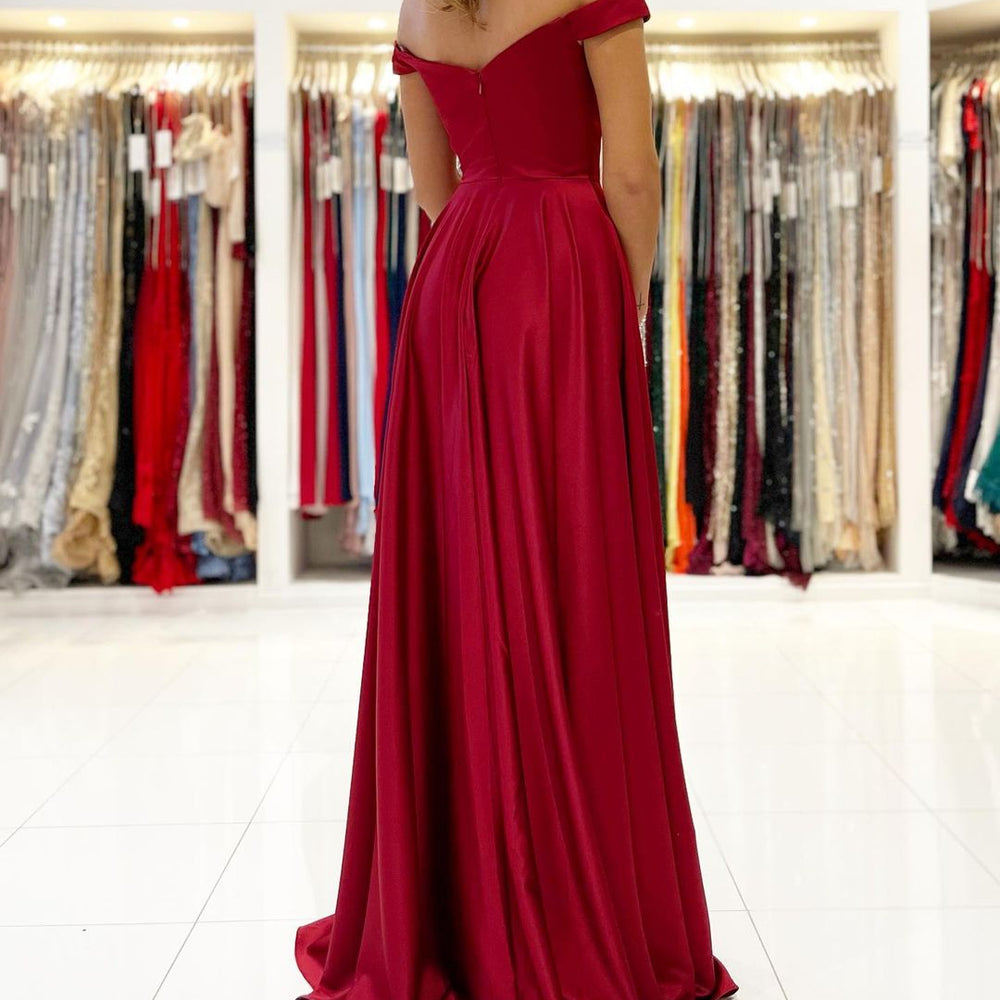 
                      
                        Off-the-Shoulder Burgundy Prom Dress with Slit
                      
                    