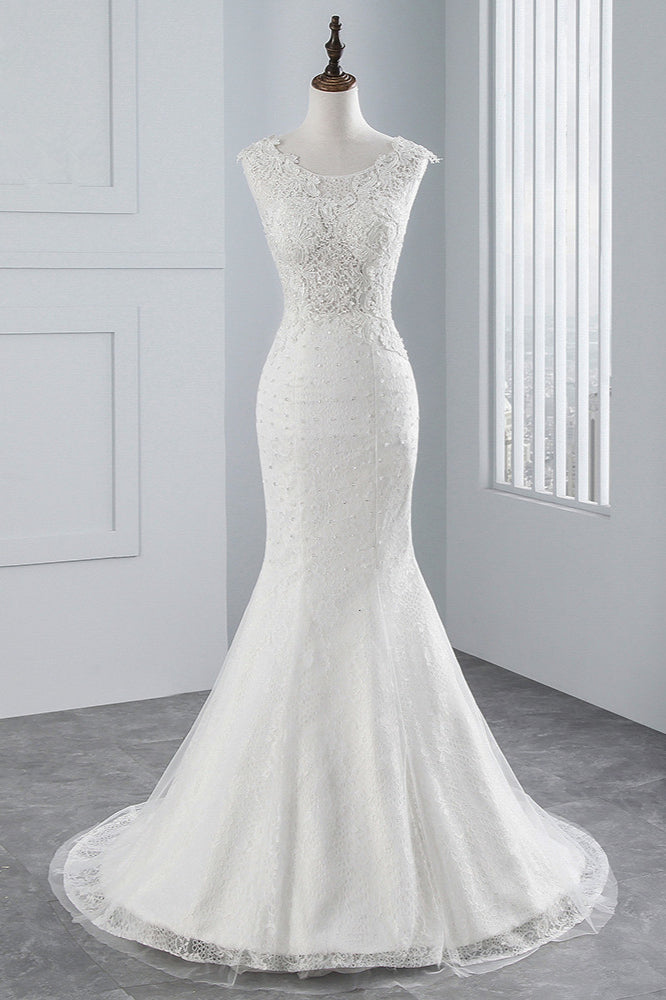 Jewel Neck Sleeveless Long Mermaid Wedding Dress with Tulle Lace Appliques