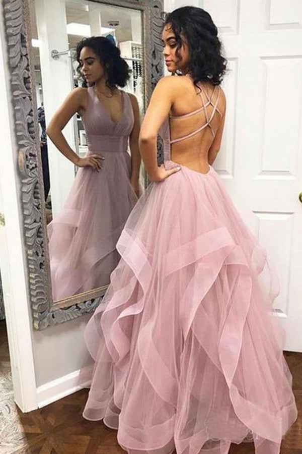 V-Neck Sleeveless Prom Dress with Tulle and Ruffles