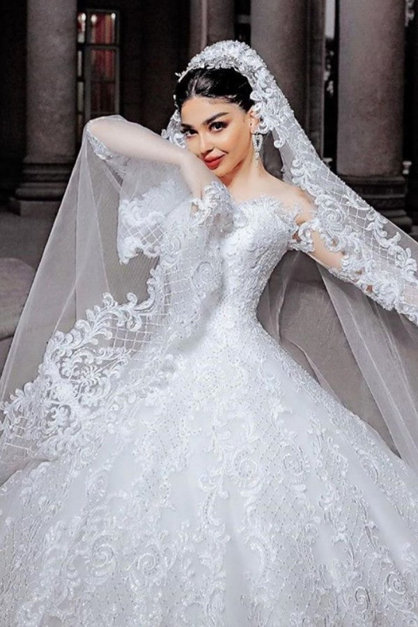 Princess Beaded Applique Long Wedding Dress with Sleeves and Tulle