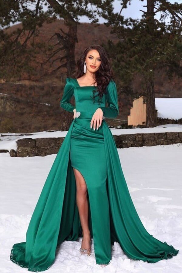 
                      
                        Dark Green Long Sleeve Mermaid Prom Dress with Slit and Detachable Skirt
                      
                    