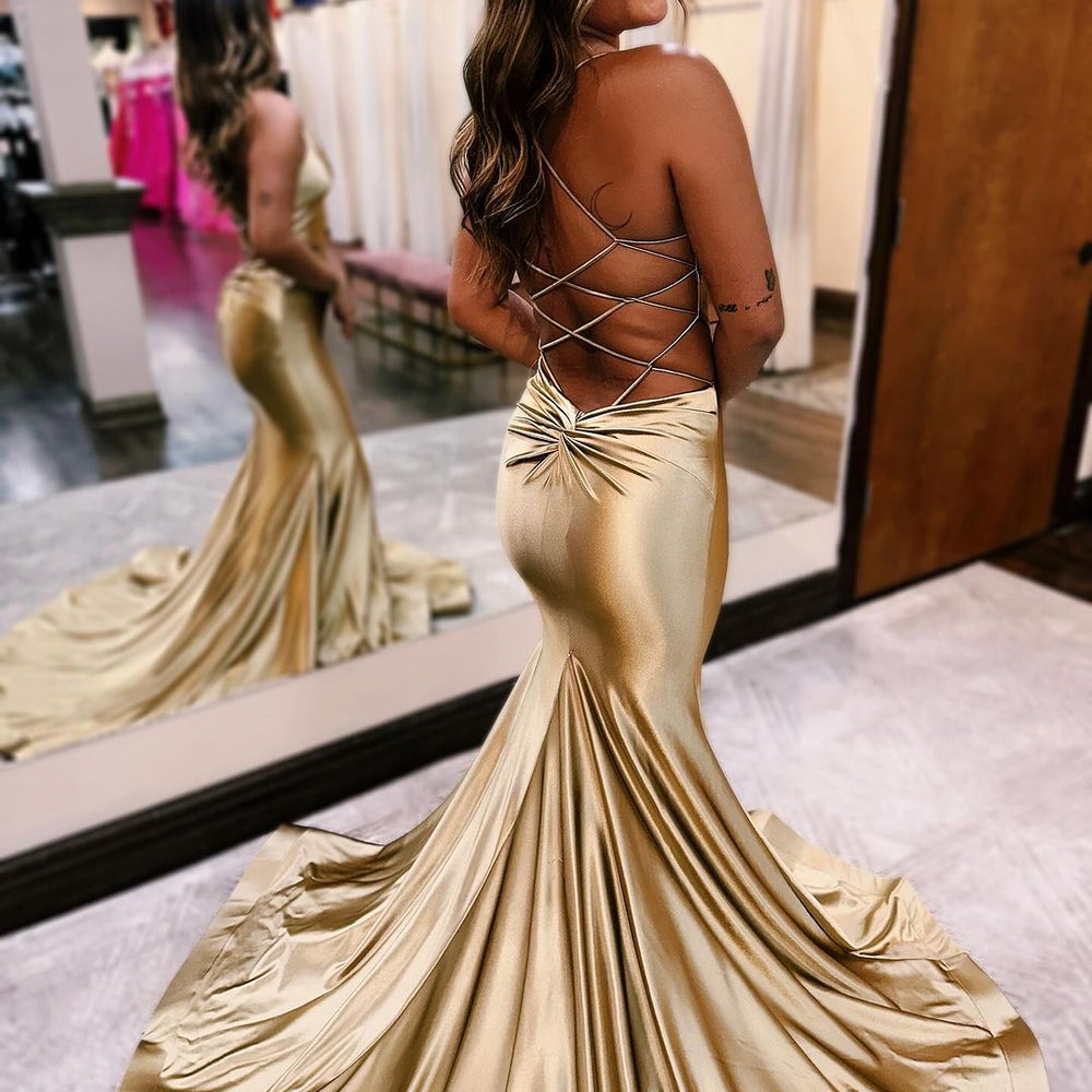 
                      
                        Glamorous Golden Sleeveless V-Neck Backless Mermaid Prom Dress
                      
                    