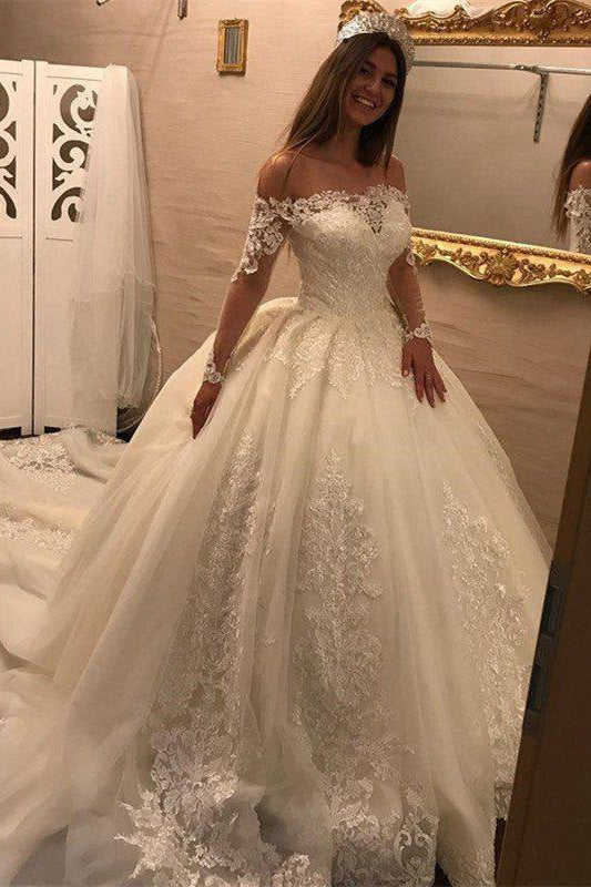 
                      
                        Off-the-Shoulder Long Sleeve Ball Gown Wedding Dress with Lace Appliques
                      
                    