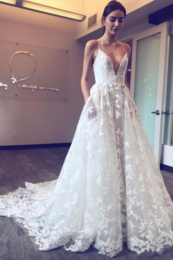 Boho Spaghetti Strap A-Line V-Neck Wedding Dress with Appliques