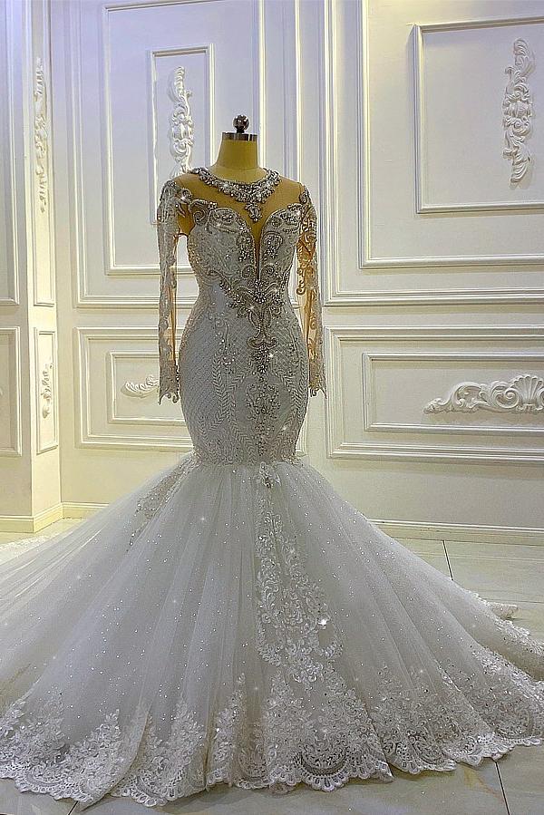 Bateau Long Sleeve Pearl and Sequin Mermaid Wedding Dress with Lace Appliques and Beadings